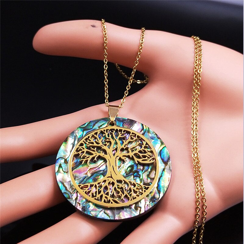 Abalone Stainless Steel Chain Necklace Gold Color Big Round Tree of Life Chokers Necklaces Jewelry collier chaine NXS04