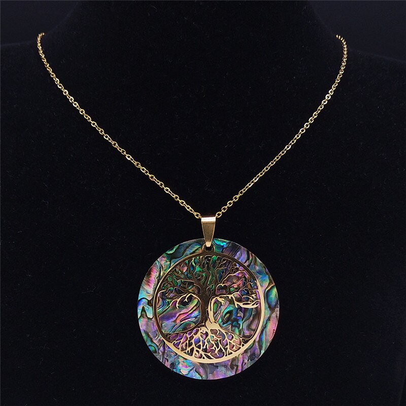Abalone Stainless Steel Chain Necklace Gold Color Big Round Tree of Life Chokers Necklaces Jewelry collier chaine NXS04