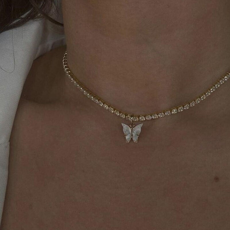 Acrylic Butterfly Choker Necklace Rhinestone Chain White Black Color Simple Clavicle Necklace Animal Korean Jewelry чокер