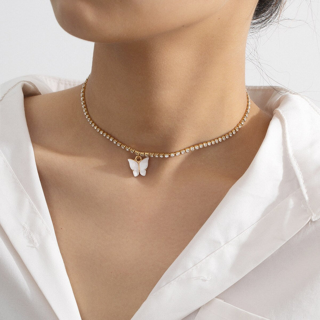 Acrylic Butterfly Choker Necklace Rhinestone Chain White Black Color Simple Clavicle Necklace Animal Korean Jewelry чокер