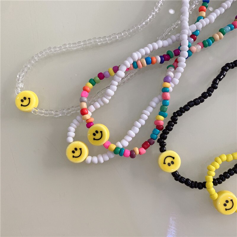 Acrylic Smile Beads Pendant Short Necklace For Women Sweet Korean Jewelry Ethnic Retro Strand Beaded Chocker Gifts