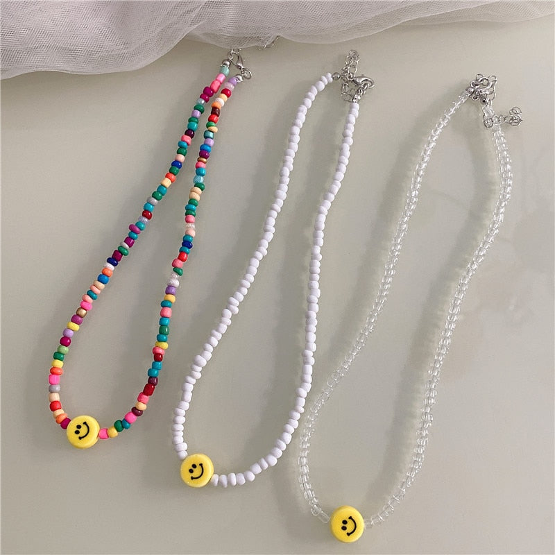 Acrylic Smile Beads Pendant Short Necklace For Women Sweet Korean Jewelry Ethnic Retro Strand Beaded Chocker Gifts