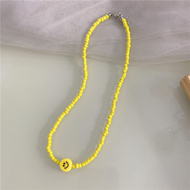 Acrylic Smile Beads Pendant Short Necklace For Women Sweet Korean Jewelry Ethnic Retro Strand Beaded Chocker Gifts