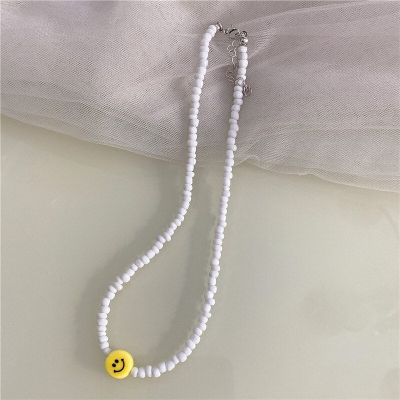 Acrylic Smile Beads Pendant Short Necklace For Women Sweet Korean Jewelry Ethnic Retro Strand Beaded Chocker Gifts