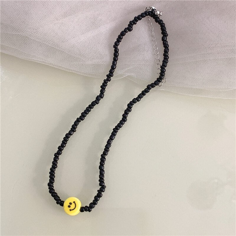 Acrylic Smile Beads Pendant Short Necklace For Women Sweet Korean Jewelry Ethnic Retro Strand Beaded Chocker Gifts