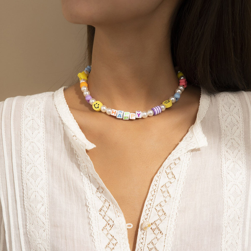Acrylic Smiley Face Pearl Beads Clavicle Necklace Colorful Geometric Round Choker Necklace for Women Girl Beach Bohemian Jewelry