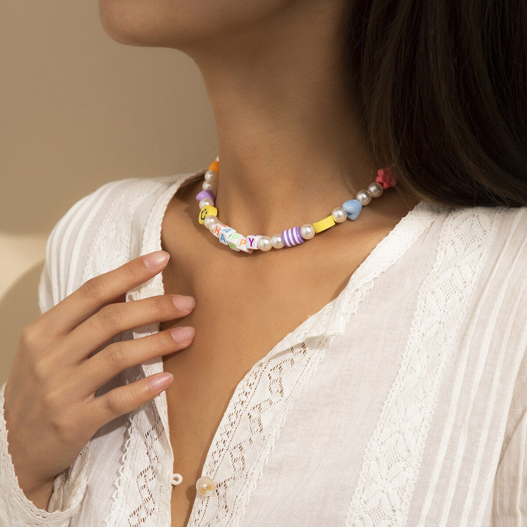 Acrylic Smiley Face Pearl Beads Clavicle Necklace Colorful Geometric Round Choker Necklace for Women Girl Beach Bohemian Jewelry
