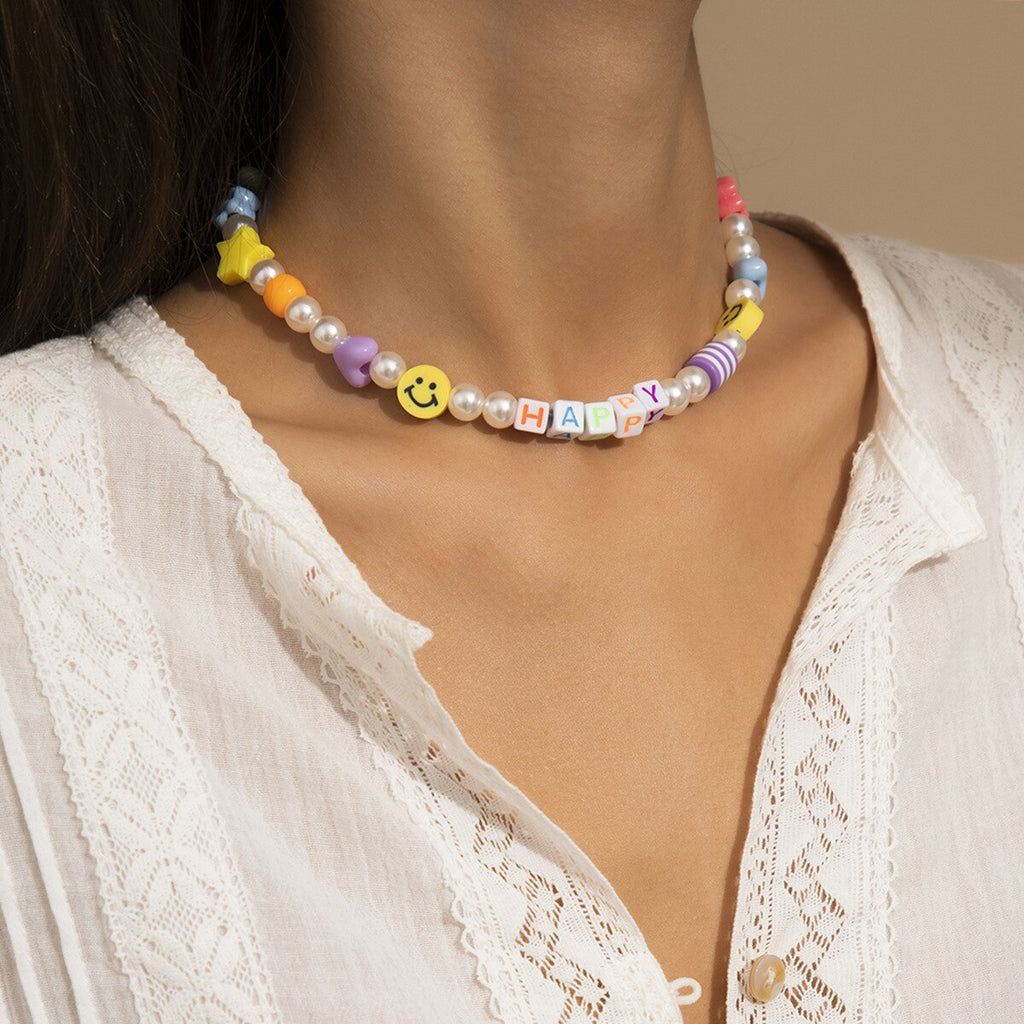 Acrylic Smiley Face Pearl Beads Clavicle Necklace Colorful Geometric Round Choker Necklace for Women Girl Beach Bohemian Jewelry