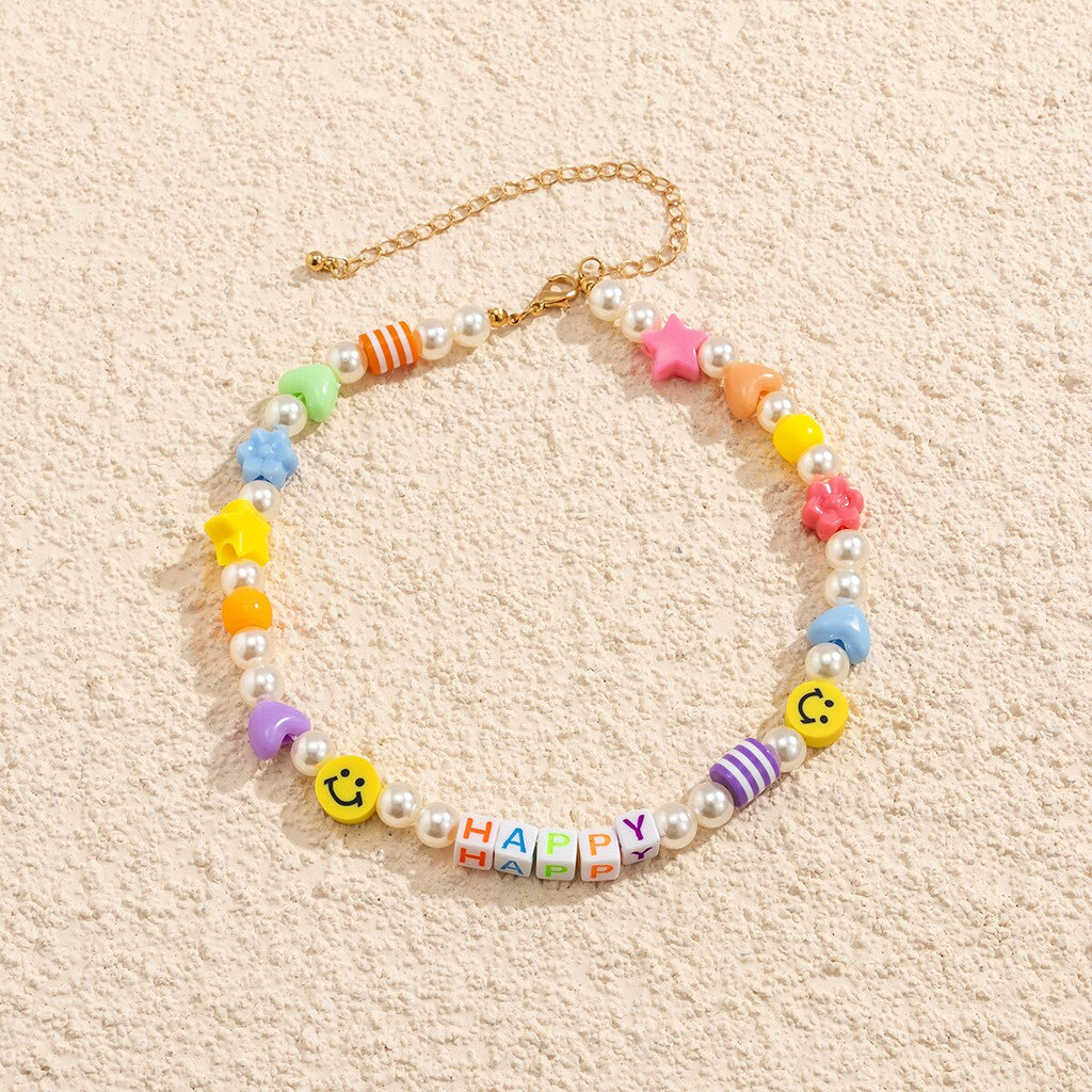 Acrylic Smiley Face Pearl Beads Clavicle Necklace Colorful Geometric Round Choker Necklace for Women Girl Beach Bohemian Jewelry