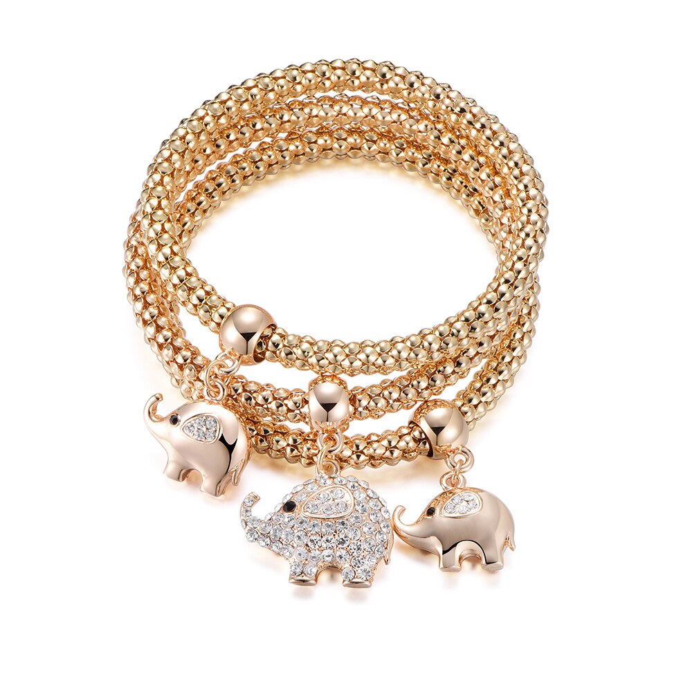 Adjustable 3Pcs/Set Cute Elephant Crystal Charms Bracelets For Women Gold Silvery Color Elastic Popcorn Chain Animal Bracelet