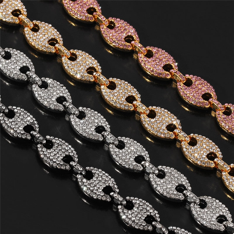 Adjustable 60cm Multi-color Width Iced Out Rhinestoned Gold Color Coffee Beans Link Chain For Men Jewelry Collier Bijoux
