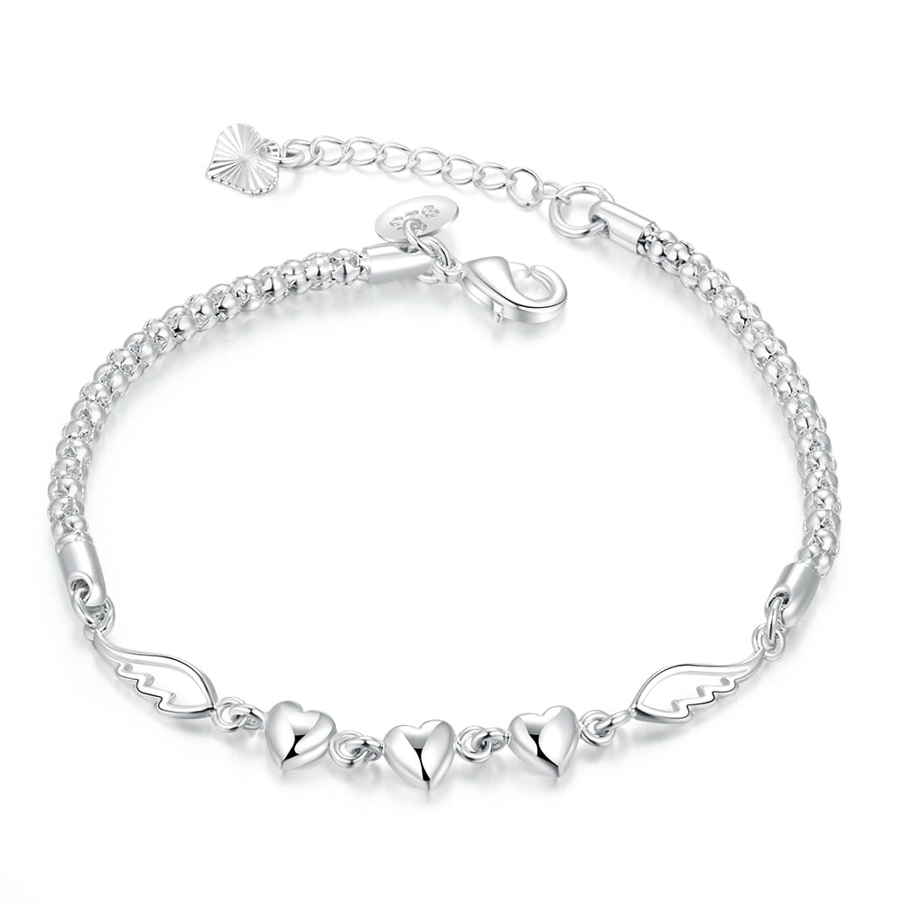 Adjustable 925 Stamp Silver Color Chain Link Angel Wing Heart LOVE Charm Bracelet &amp;Bangle For Women Elegant Jewelry Christmas