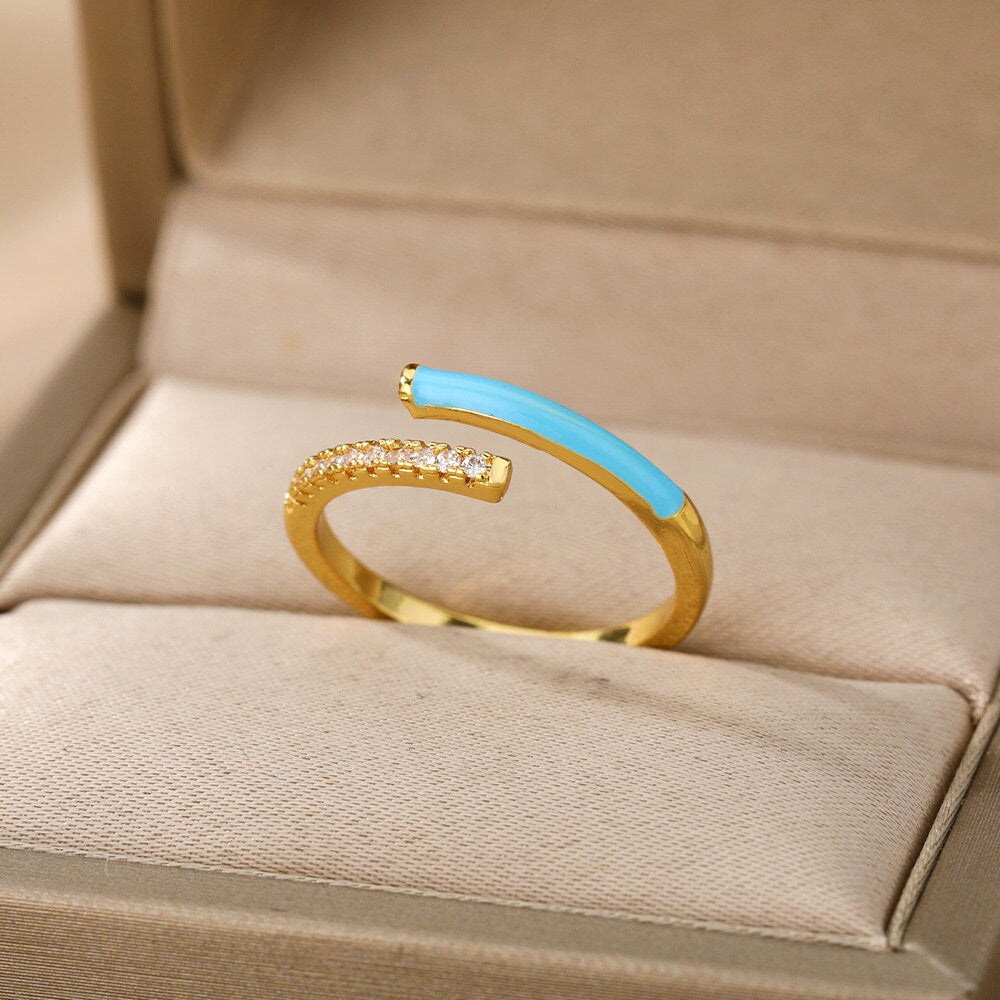 Adjustable Colorful Enamel Rings For Women Stainless Steel Open Finger Ring 2023 Trend Korean Crystal Party Jewelry Gift