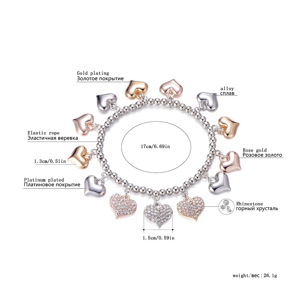 Adjustable Crystal Full Heart Bracelet For Women Mix Silvery Color Beaded Bracelets For Lover Friend 2022 Jewelry