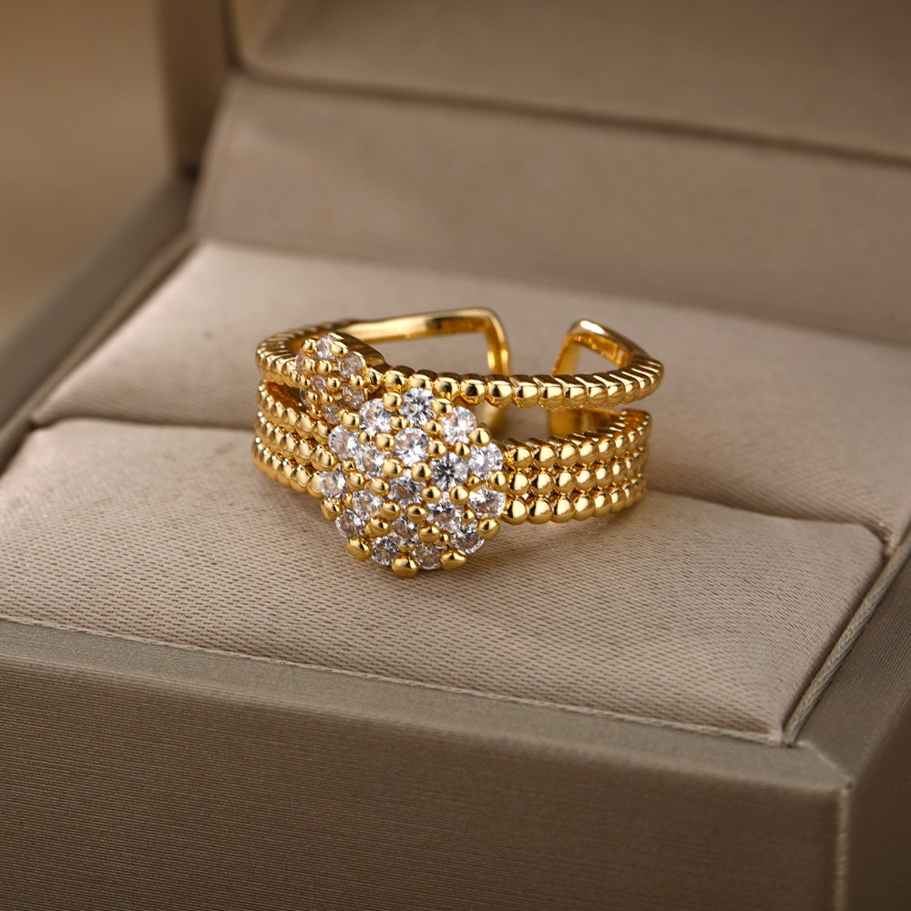 Adjustable Cubic Zirconia Floral Rings For Women Stainless Steel Fancy Gold Color Ring Couple Wedding Jewelry anillos mujer