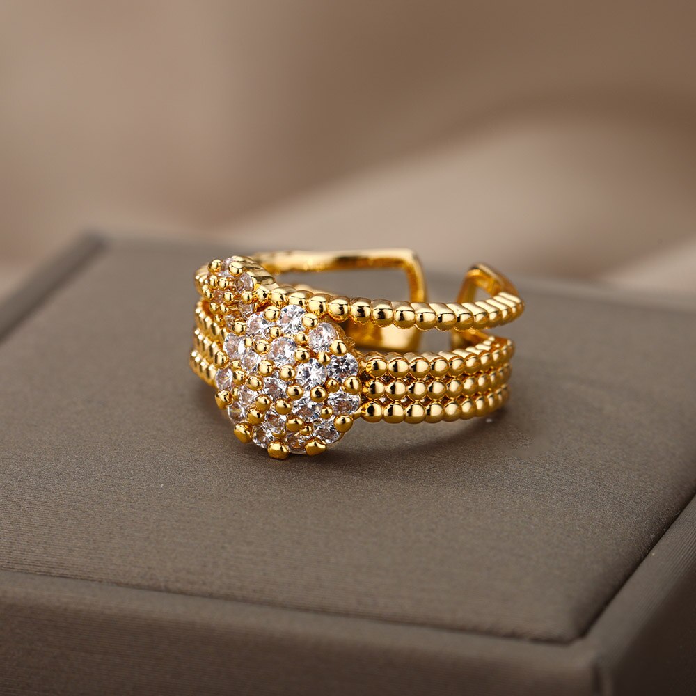 Adjustable Cubic Zirconia Floral Rings For Women Stainless Steel Fancy Gold Color Ring Couple Wedding Jewelry anillos mujer