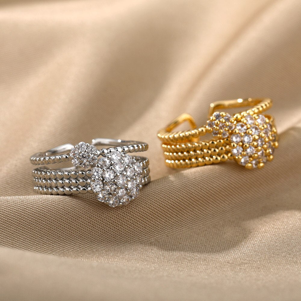 Adjustable Cubic Zirconia Floral Rings For Women Stainless Steel Fancy Gold Color Ring Couple Wedding Jewelry anillos mujer
