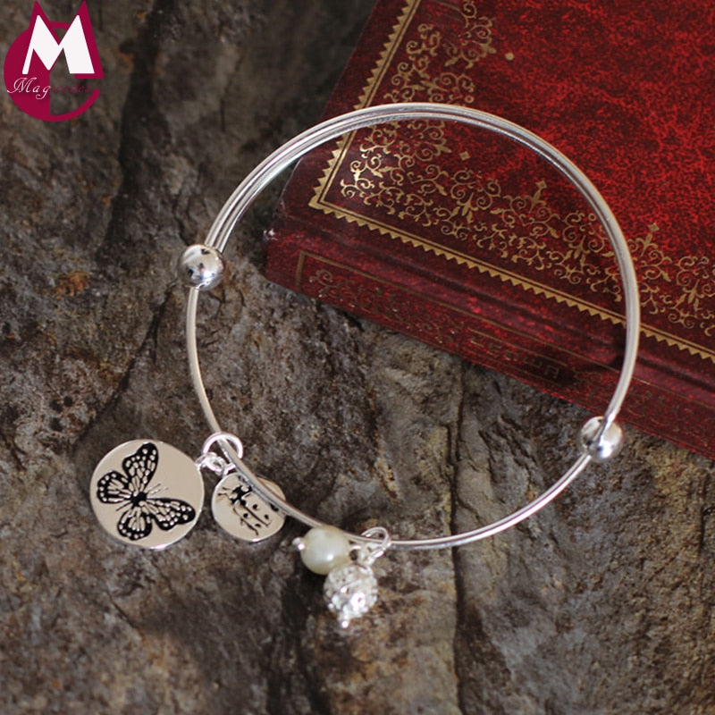 Adjustable Pearl Bangle Carving Insect Butterfly 100% Real Silver 925 Sterling Bracelet For Women Fine Jewelry SB28
