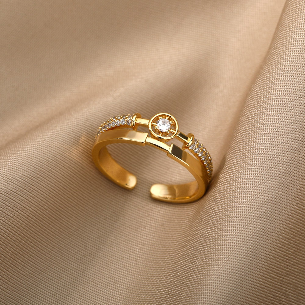 Adjustable Geometric Zircon Rings For Women Stainless Steel Gold Color Open Couple Ring Wedding Band Jewerly Gift anillos