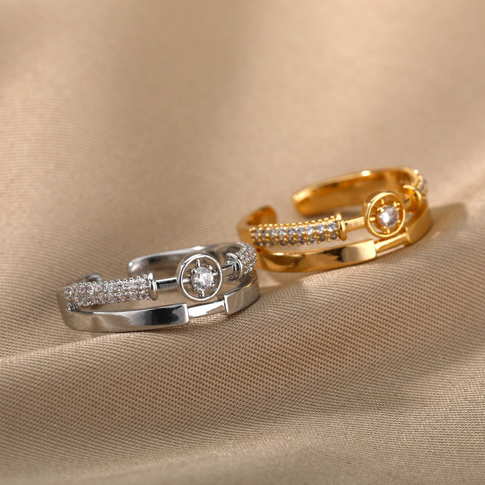 Adjustable Geometric Zircon Rings For Women Stainless Steel Gold Color Open Couple Ring Wedding Band Jewerly Gift anillos