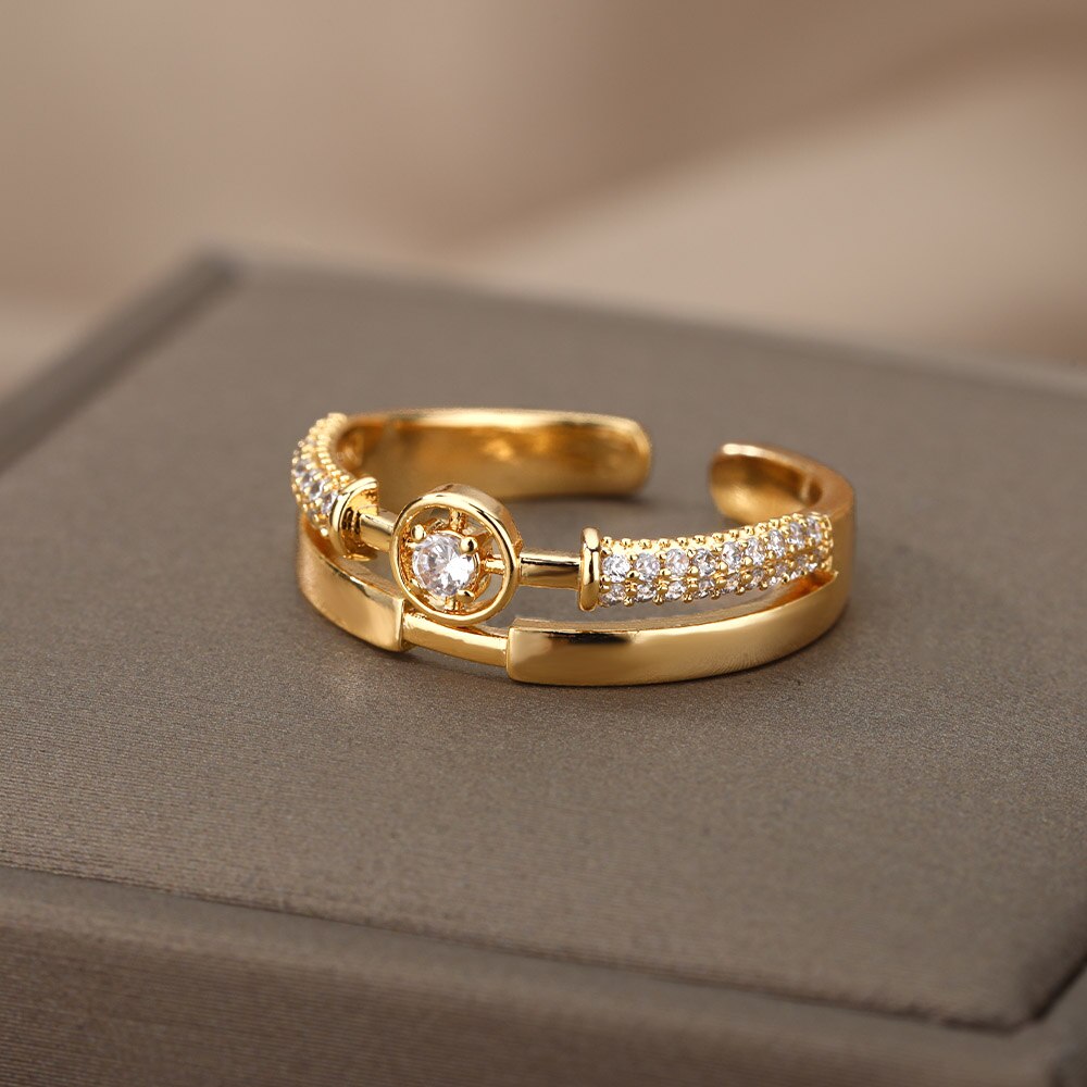 Adjustable Geometric Zircon Rings For Women Stainless Steel Gold Color Open Couple Ring Wedding Band Jewerly Gift anillos