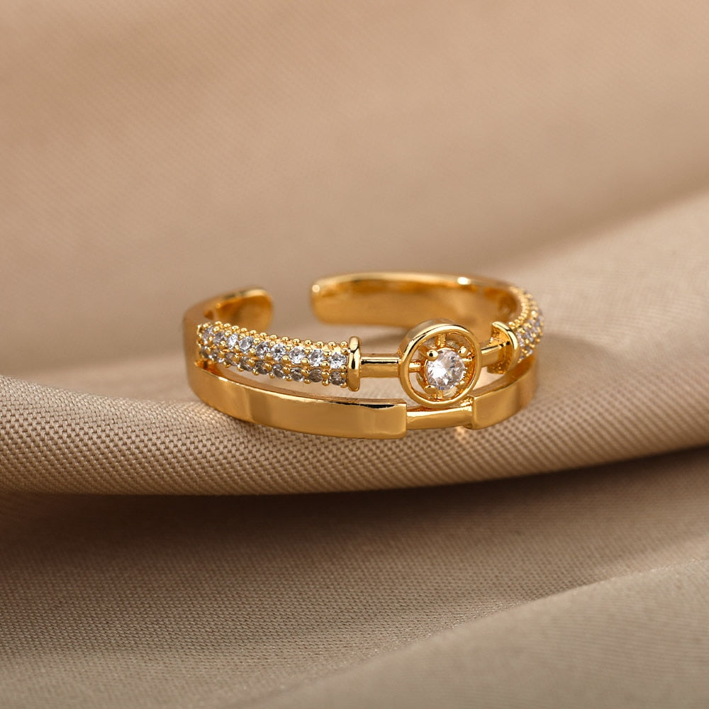Adjustable Geometric Zircon Rings For Women Stainless Steel Gold Color Open Couple Ring Wedding Band Jewerly Gift anillos