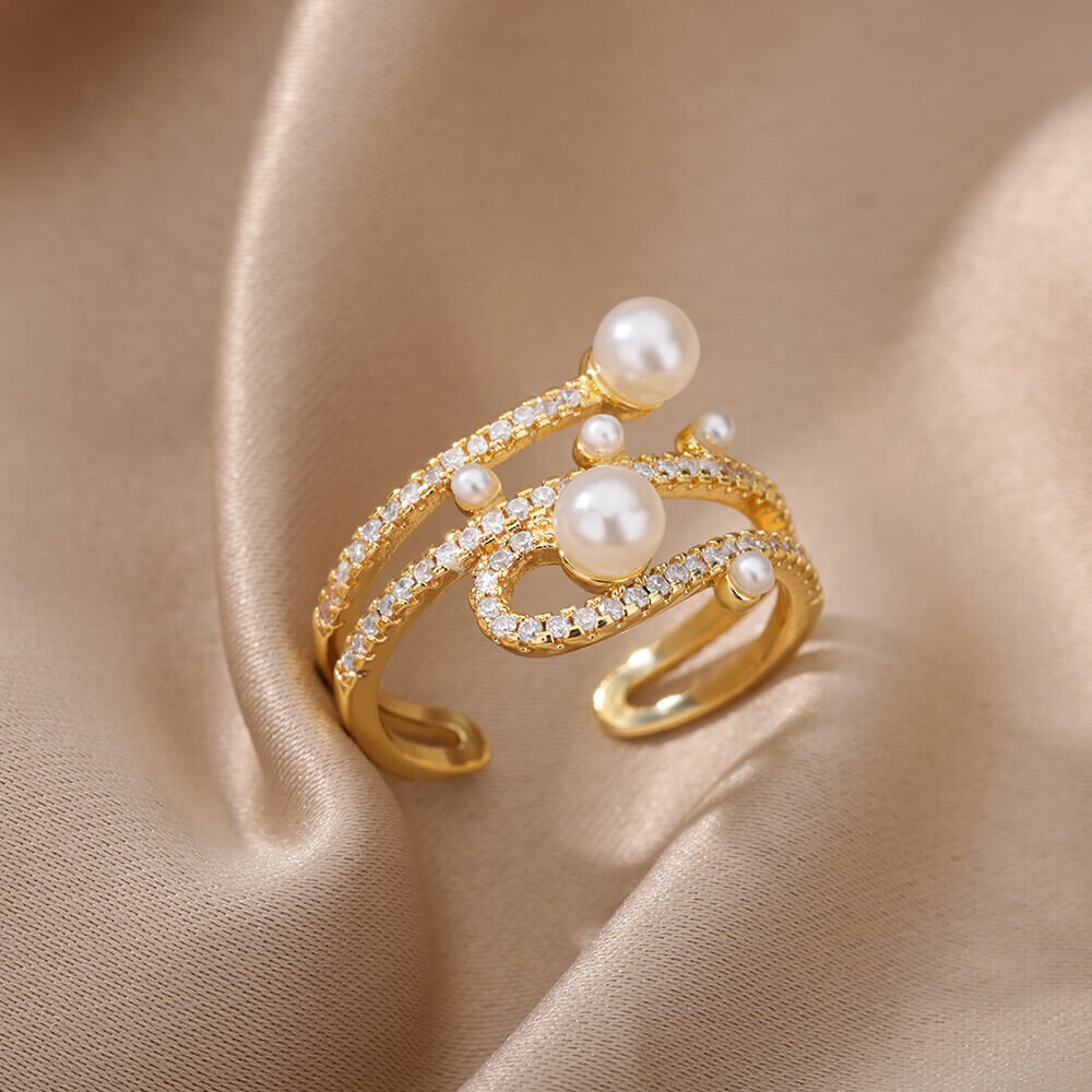 Adjustable Imitation Pearls Rings for Women  Three Layers Zircon Stainless Steel Ring 2023 Trend Aesthetic Wedding Jewelry
