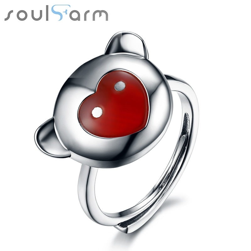 Adjustable Luxury Rings For Women Real 925 Silver Red Agate Trendy Party Ring Unique Fashion Fine Jewelry Monkey Face Shape Ring