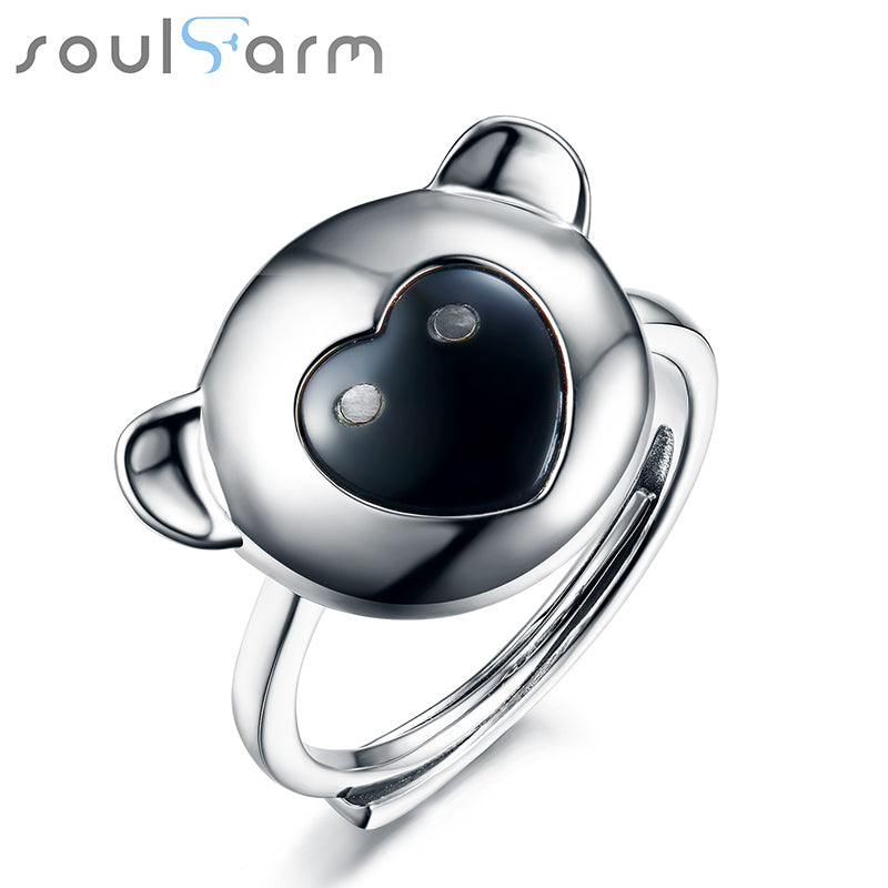 Adjustable Luxury Rings Women Real 925 Silver Heart Black Agata Trendy Party Ring Fashion Fine Jewelry Monkey Face Shape Ring