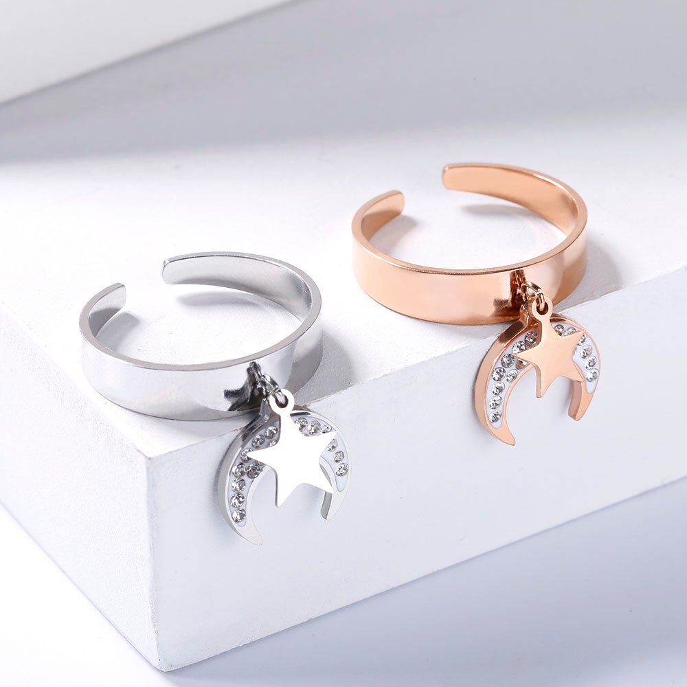 Adjustable Moon And Stars Shaped Pendant Rings For Women Crystal Female Finger Rings Gift For Girlfriend 2022 Jewelry