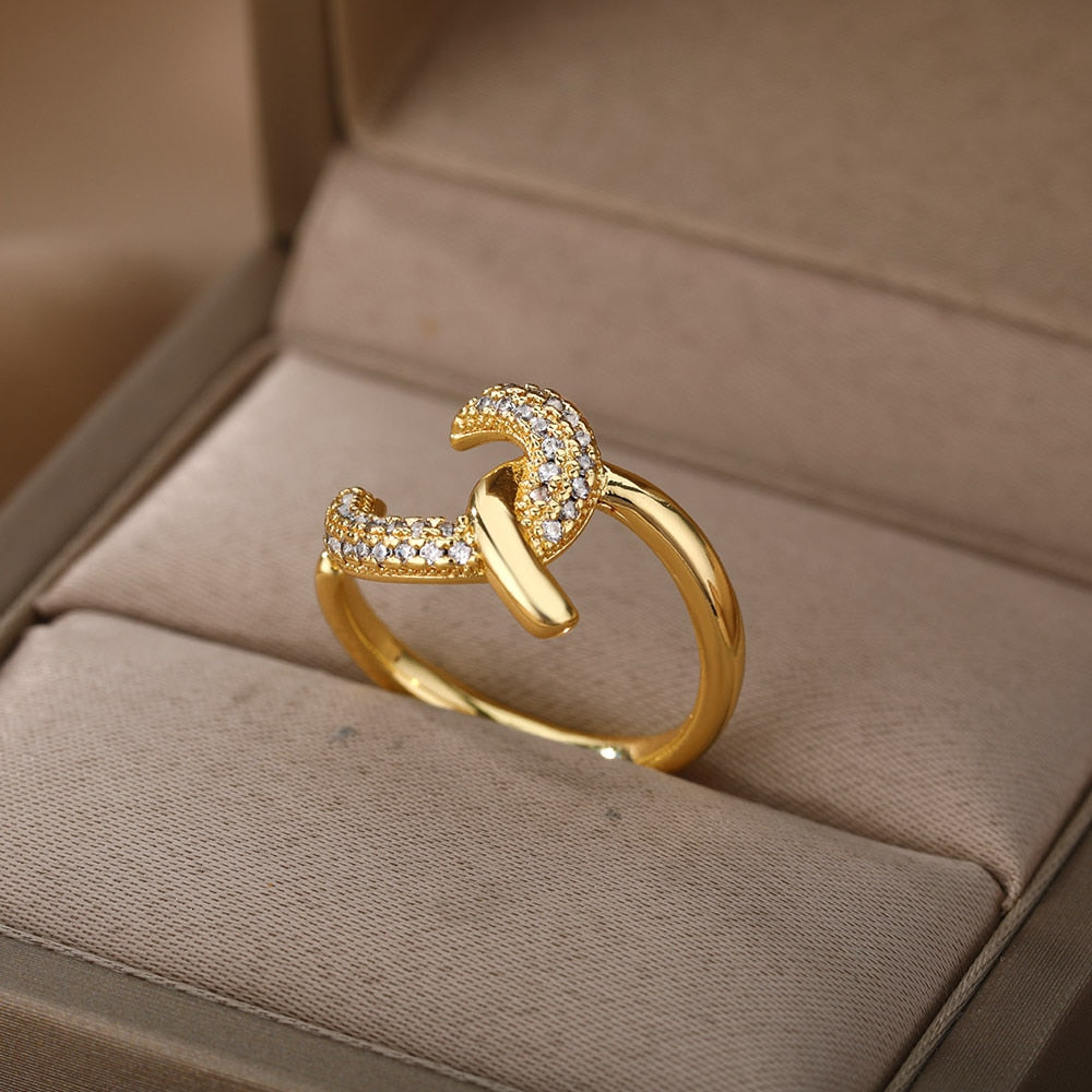 Adjustable Open Zircon Circle Rings For Women Stainless Steel Geometric Irregular Crystal Ring Female Wedding Jewelry Gift