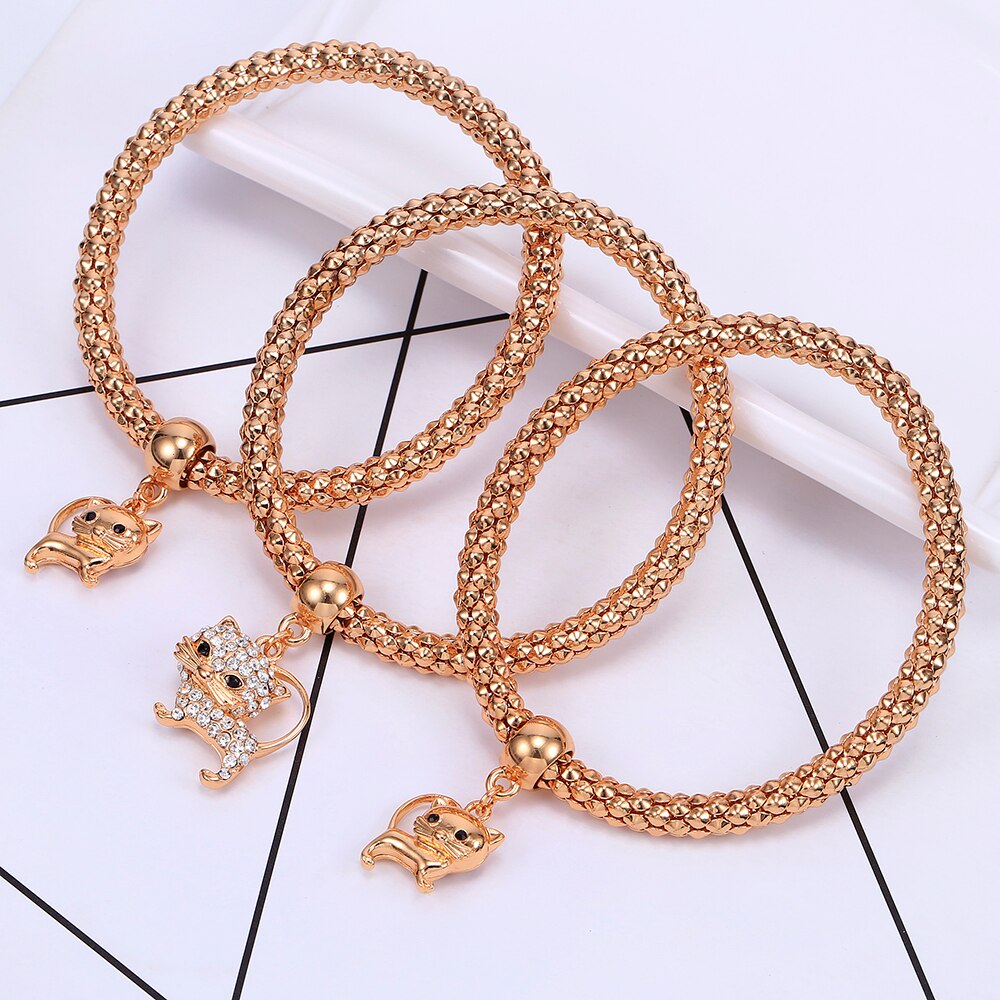 Adjustable Rose Gold Alloy Lovely Cat Bracelets for Women 3pcs/set Gold Silvery Popcorn Chain Crystal Animal Jewelry