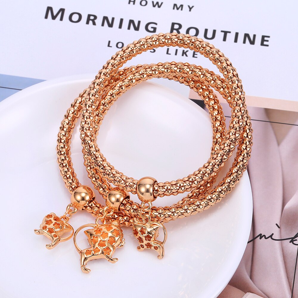 Adjustable Rose Gold Alloy Lovely Cat Bracelets for Women 3pcs/set Gold Silvery Popcorn Chain Crystal Animal Jewelry