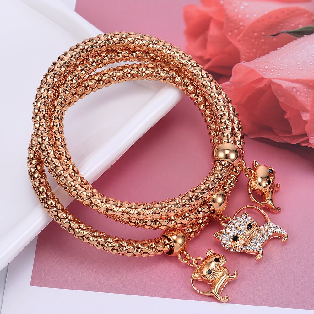 Adjustable Rose Gold Alloy Lovely Cat Bracelets for Women 3pcs/set Gold Silvery Popcorn Chain Crystal Animal Jewelry