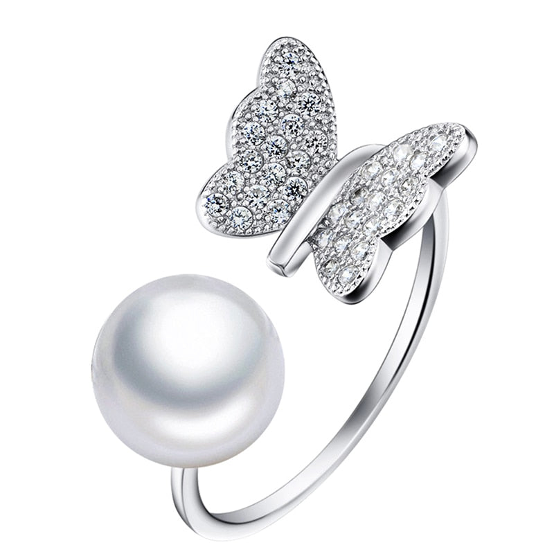 Adjustable Sterling silver Ring via 8mm pearl Butterfly design fahsion jewelry Valentine's D birthd christmas gift for women