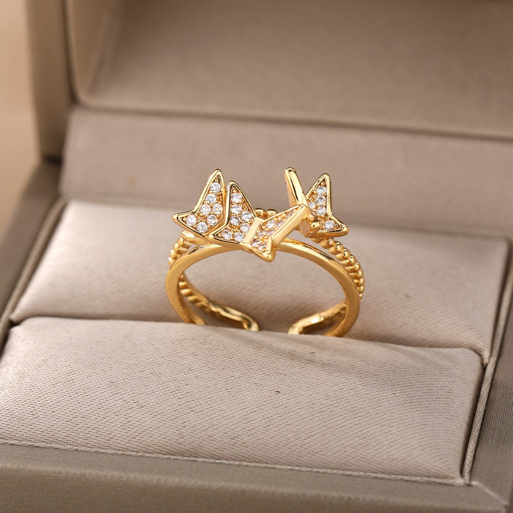 Aesthetic Butterflies Rings For Women Stainless Steel Cubic Zirconia Ring Vintage Wedding Band Couple Jewelry Accessories Mujer