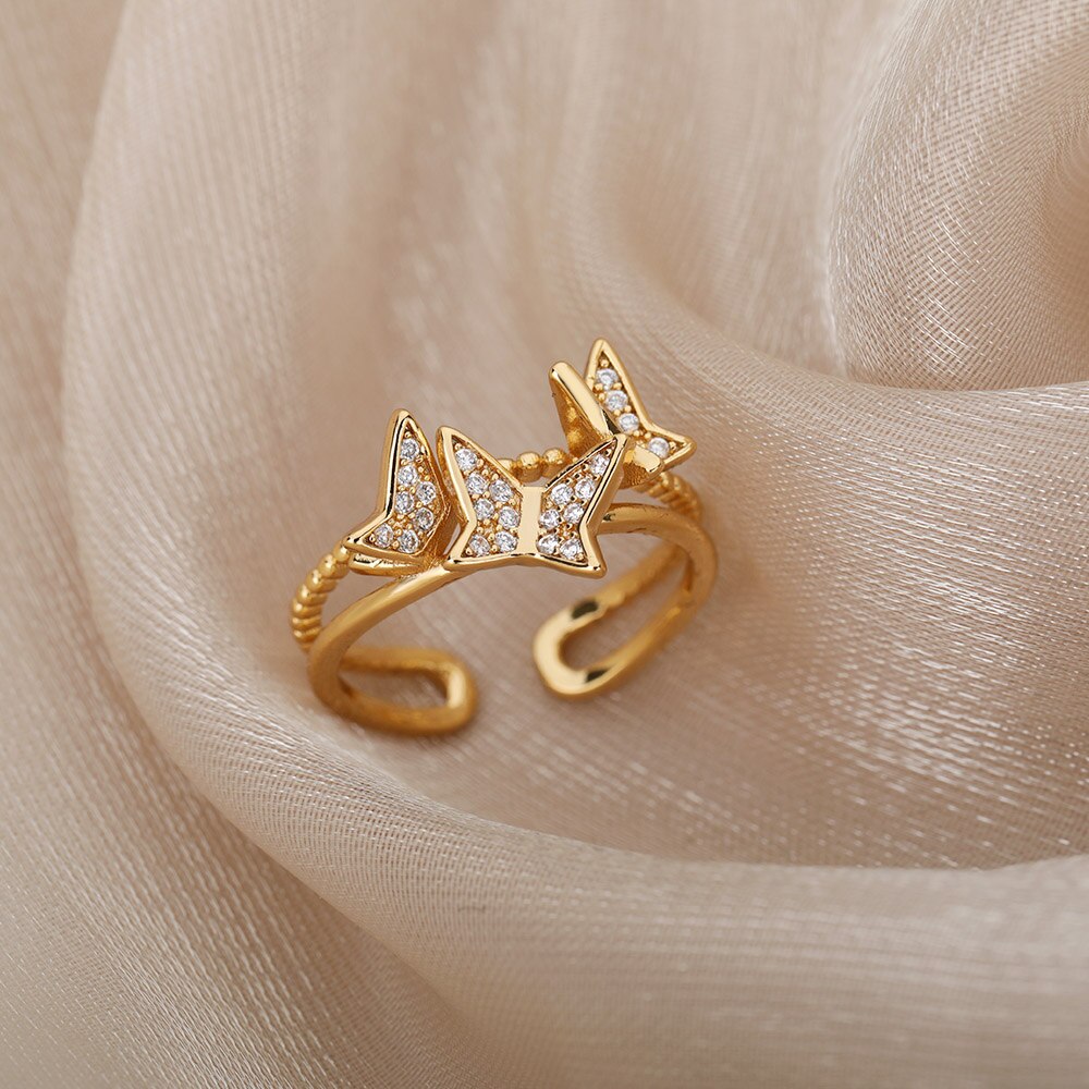 Aesthetic Butterflies Rings For Women Stainless Steel Cubic Zirconia Ring Vintage Wedding Band Couple Jewelry Accessories Mujer