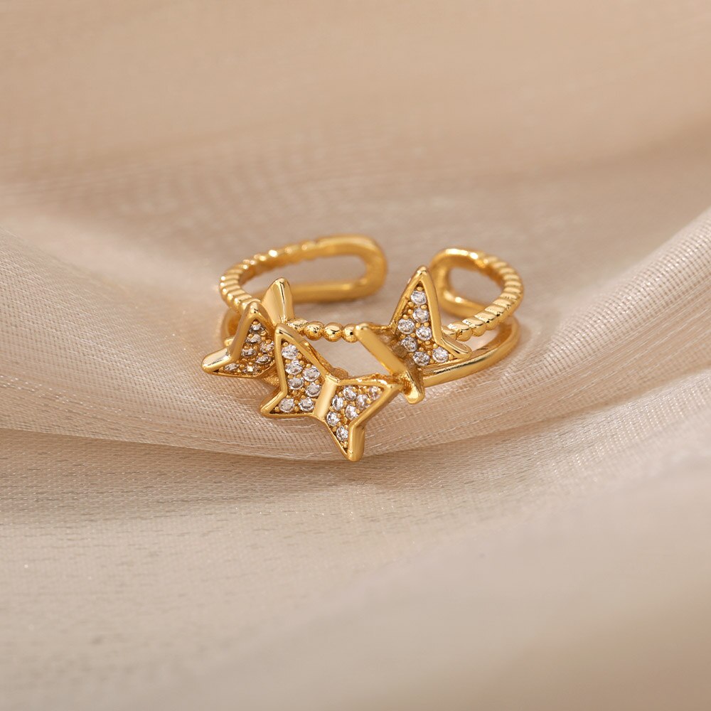 Aesthetic Butterflies Rings For Women Stainless Steel Cubic Zirconia Ring Vintage Wedding Band Couple Jewelry Accessories Mujer