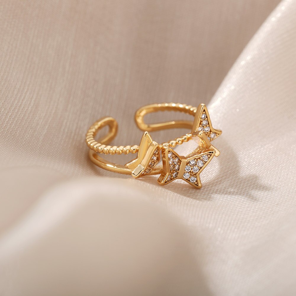 Aesthetic Butterflies Rings For Women Stainless Steel Cubic Zirconia Ring Vintage Wedding Band Couple Jewelry Accessories Mujer