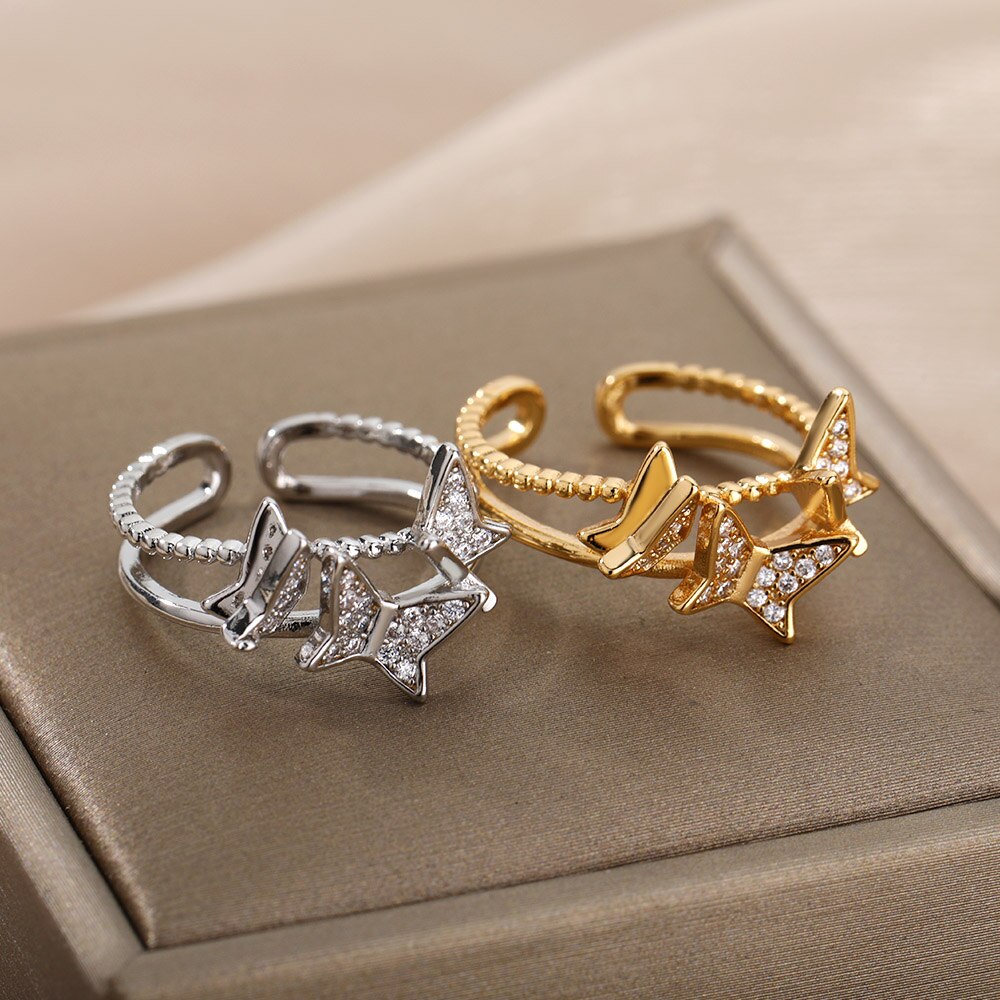 Aesthetic Butterflies Rings For Women Stainless Steel Cubic Zirconia Ring Vintage Wedding Band Couple Jewelry Accessories Mujer