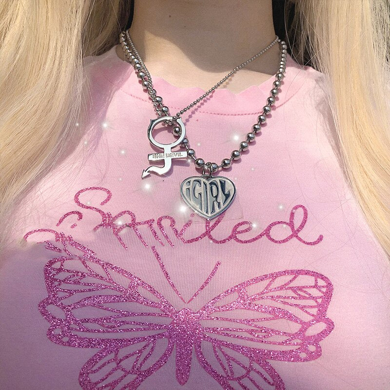 Aesthetic Round Beads Vintage Neck Chain Silver Color Retro Dark Function Harajuku Y2K Jewelry Hip Hop Thorn Letter Egirl Chain