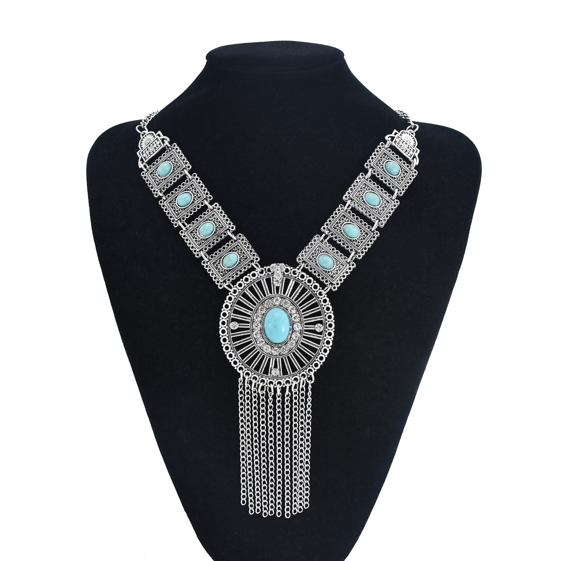 Afghan Vintage Silver Color Alloy Blue Red Stone Necklaces for Women Boho Long Tassel Statement Necklace Tribal Party Jewelry