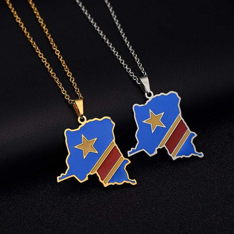 Africa Democratic Republic of the Congo Map &Flag Pendant Necklace Gold/Steel Color Men/Women Stainless Steel Map Ethnic jewelry