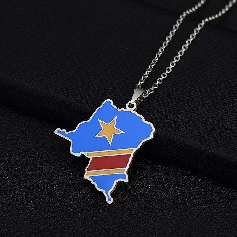 Africa Democratic Republic of the Congo Map &Flag Pendant Necklace Gold/Steel Color Men/Women Stainless Steel Map Ethnic jewelry