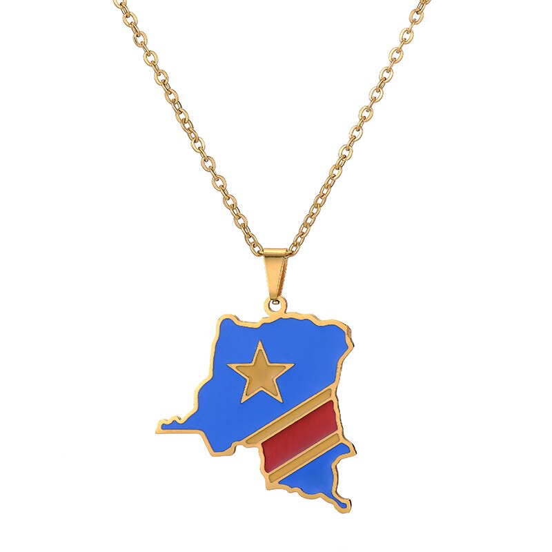Africa Democratic Republic of the Congo Map &Flag Pendant Necklace Gold/Steel Color Men/Women Stainless Steel Map Ethnic jewelry