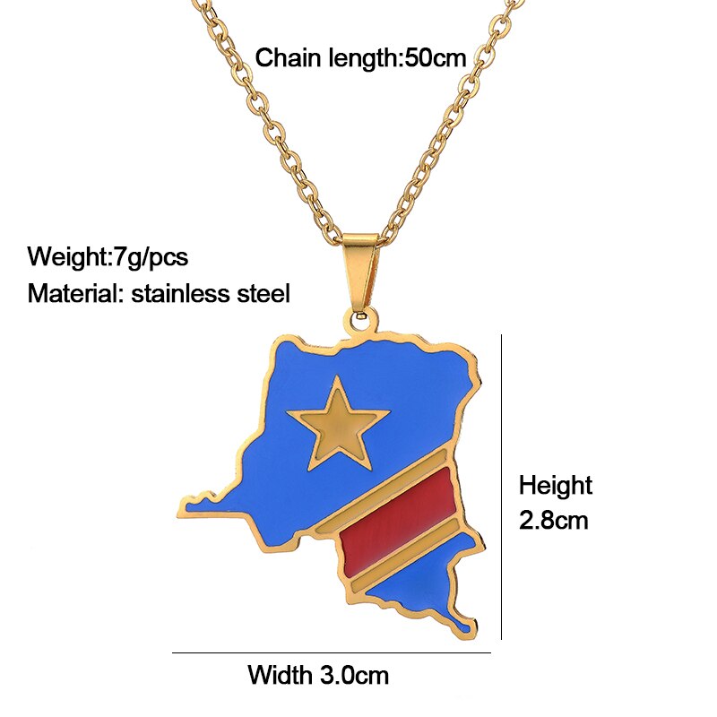 Africa Democratic Republic of the Congo Map &Flag Pendant Necklace Gold/Steel Color Men/Women Stainless Steel Map Ethnic jewelry