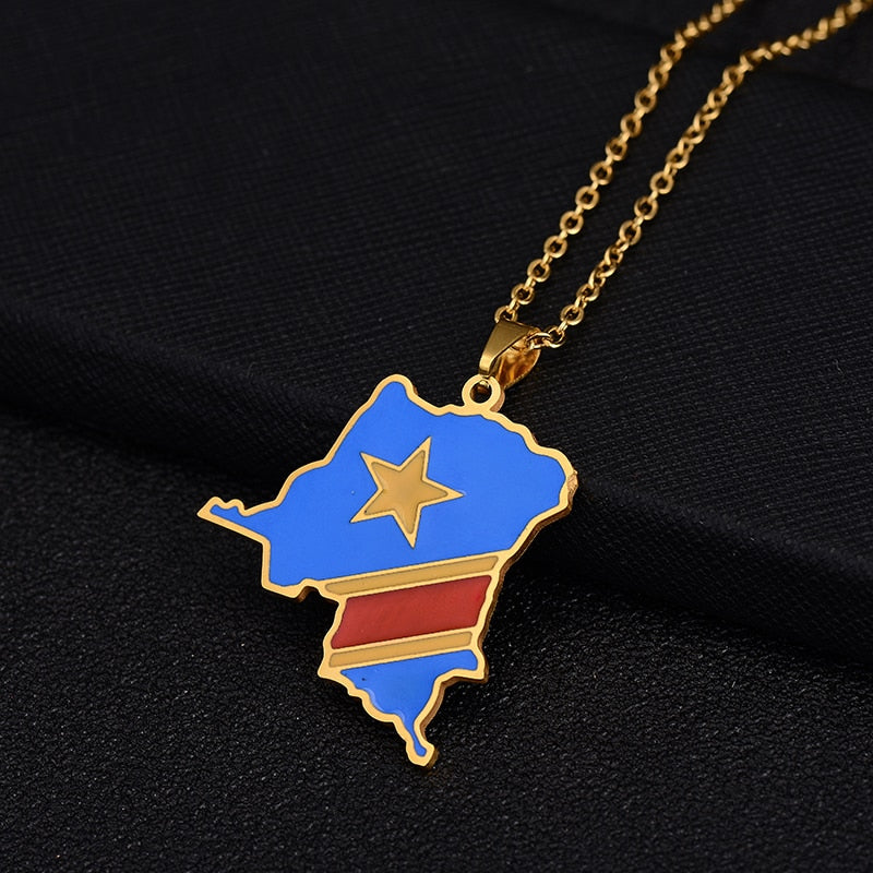Africa Democratic Republic of the Congo Map &Flag Pendant Necklace Gold/Steel Color Men/Women Stainless Steel Map Ethnic jewelry