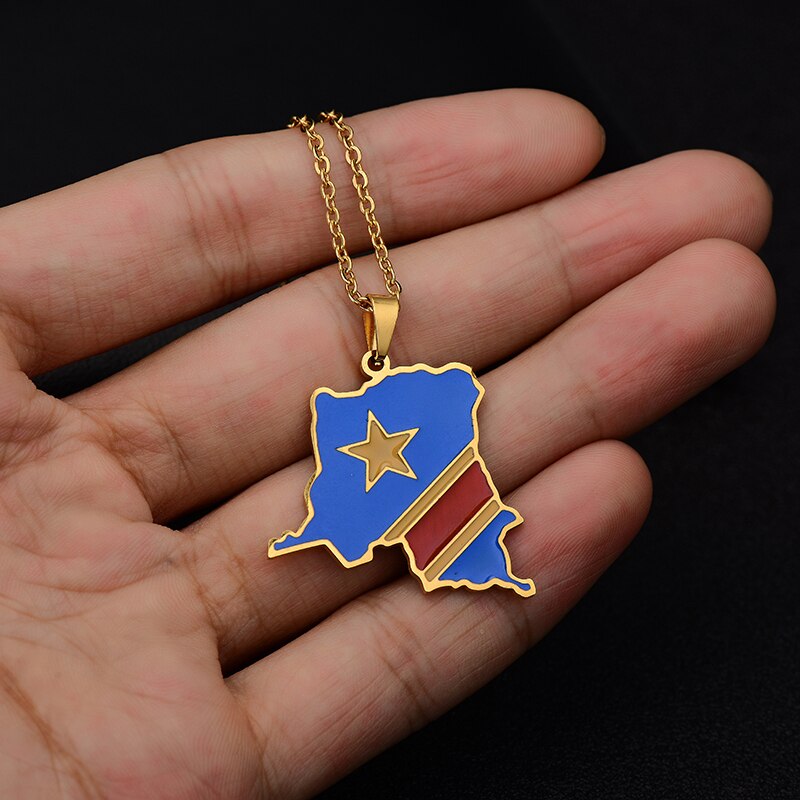 Africa Democratic Republic of the Congo Map &Flag Pendant Necklace Gold/Steel Color Men/Women Stainless Steel Map Ethnic jewelry