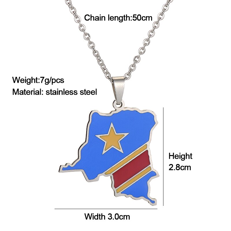Africa Democratic Republic of the Congo Map &Flag Pendant Necklace Gold/Steel Color Men/Women Stainless Steel Map Ethnic jewelry