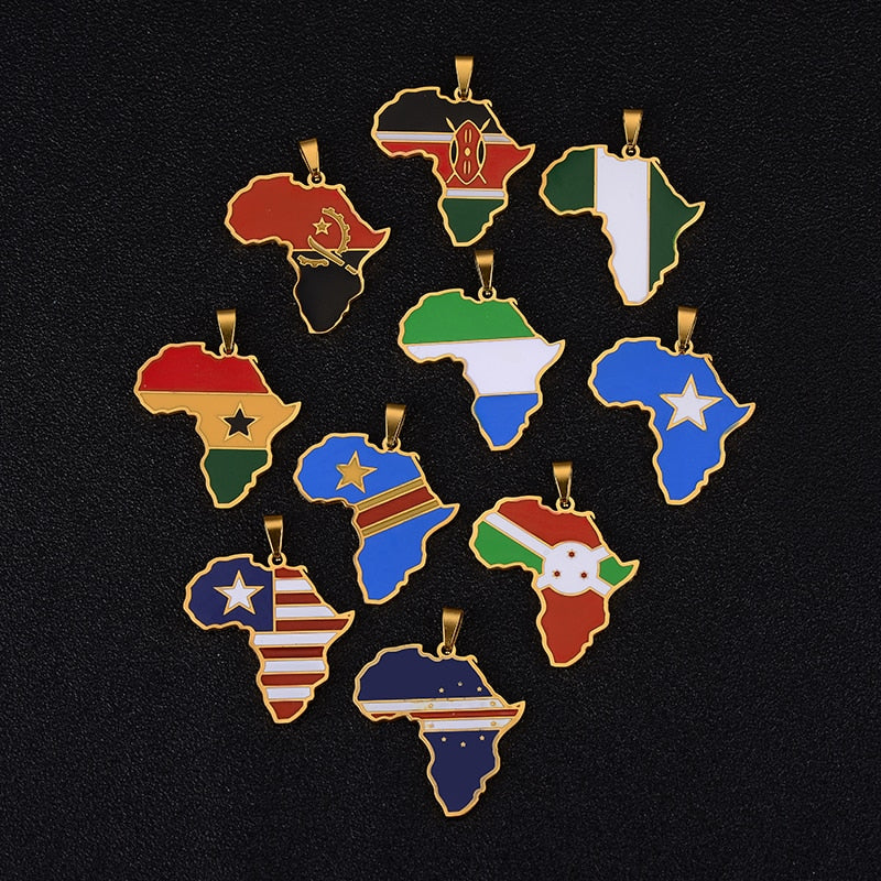 Africa Map Flag Pendant Necklace Gold Color Stainless Steel Ghana Nigeria Congo Somalia Angola Liberia African Jewelry Gift